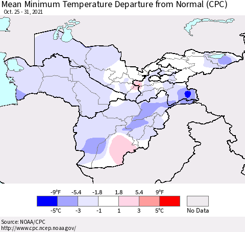 Central Asia Mean Minimum Temperature Departure from Normal (CPC) Thematic Map For 10/25/2021 - 10/31/2021