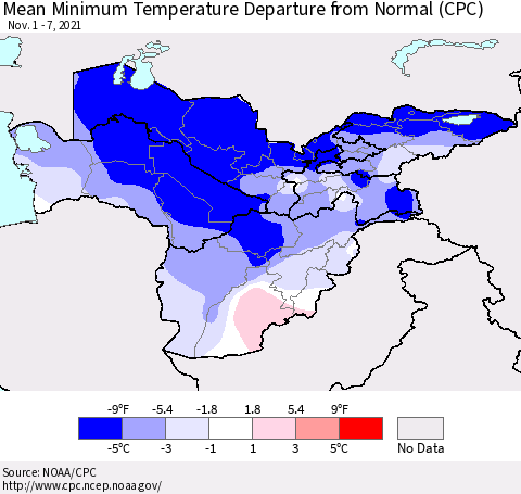 Central Asia Mean Minimum Temperature Departure from Normal (CPC) Thematic Map For 11/1/2021 - 11/7/2021