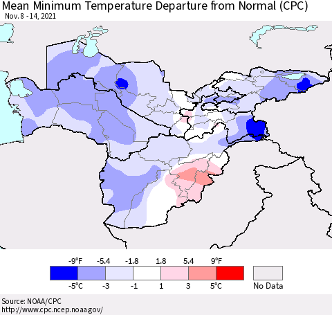 Central Asia Mean Minimum Temperature Departure from Normal (CPC) Thematic Map For 11/8/2021 - 11/14/2021