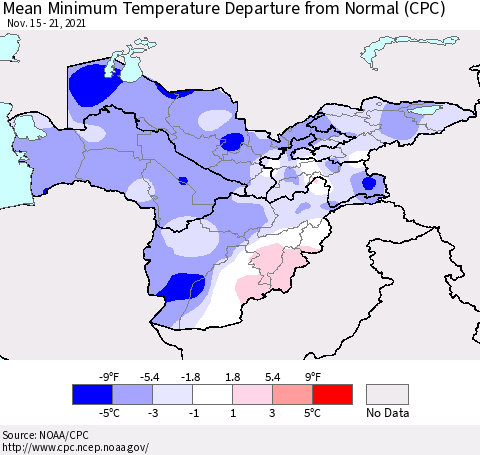Central Asia Mean Minimum Temperature Departure from Normal (CPC) Thematic Map For 11/15/2021 - 11/21/2021