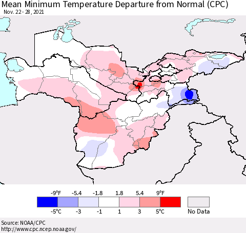 Central Asia Mean Minimum Temperature Departure from Normal (CPC) Thematic Map For 11/22/2021 - 11/28/2021