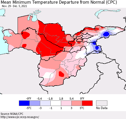 Central Asia Mean Minimum Temperature Departure from Normal (CPC) Thematic Map For 11/29/2021 - 12/5/2021