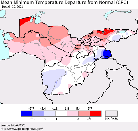 Central Asia Mean Minimum Temperature Departure from Normal (CPC) Thematic Map For 12/6/2021 - 12/12/2021