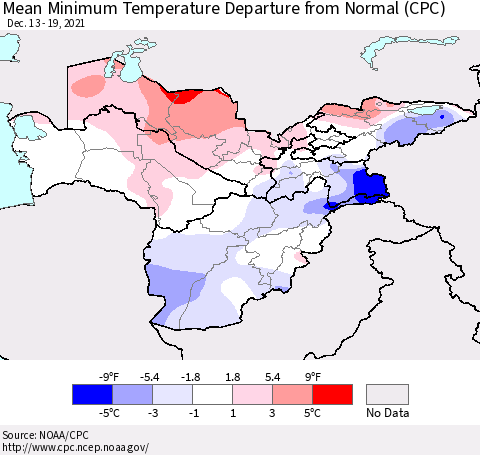 Central Asia Mean Minimum Temperature Departure from Normal (CPC) Thematic Map For 12/13/2021 - 12/19/2021