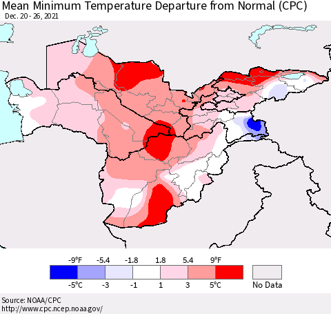 Central Asia Mean Minimum Temperature Departure from Normal (CPC) Thematic Map For 12/20/2021 - 12/26/2021