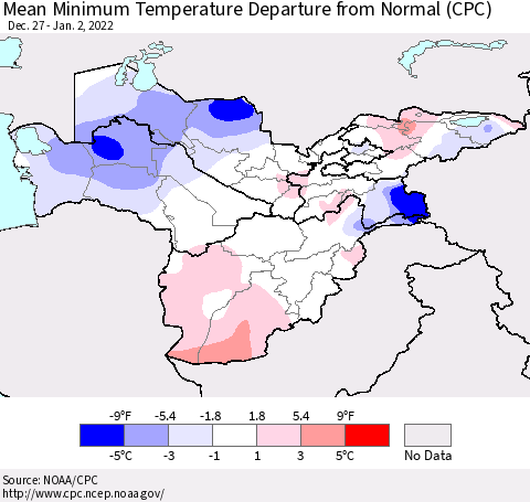 Central Asia Mean Minimum Temperature Departure from Normal (CPC) Thematic Map For 12/27/2021 - 1/2/2022