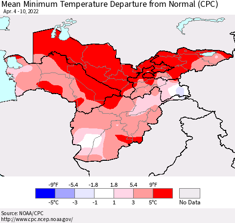 Central Asia Mean Minimum Temperature Departure from Normal (CPC) Thematic Map For 4/4/2022 - 4/10/2022