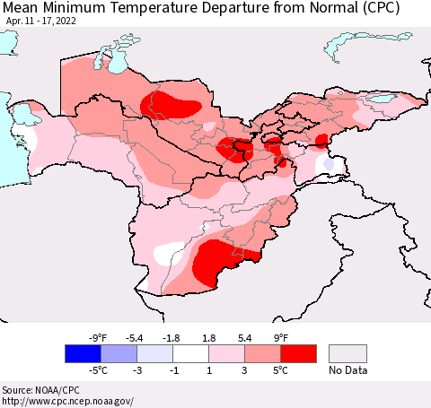 Central Asia Mean Minimum Temperature Departure from Normal (CPC) Thematic Map For 4/11/2022 - 4/17/2022