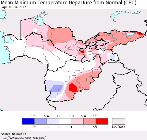 Central Asia Mean Minimum Temperature Departure from Normal (CPC) Thematic Map For 4/18/2022 - 4/24/2022