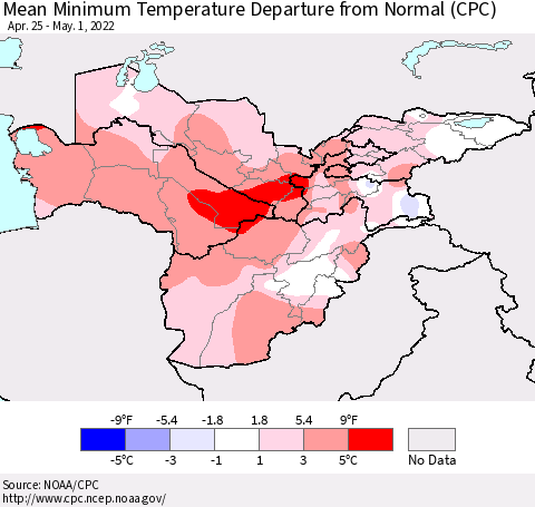 Central Asia Mean Minimum Temperature Departure from Normal (CPC) Thematic Map For 4/25/2022 - 5/1/2022