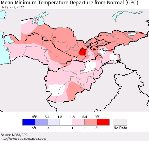 Central Asia Mean Minimum Temperature Departure from Normal (CPC) Thematic Map For 5/2/2022 - 5/8/2022