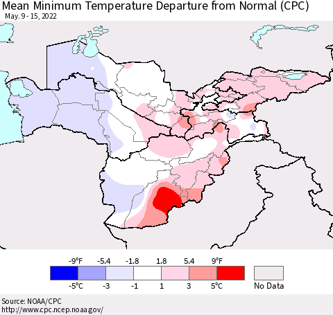 Central Asia Mean Minimum Temperature Departure from Normal (CPC) Thematic Map For 5/9/2022 - 5/15/2022