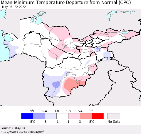 Central Asia Mean Minimum Temperature Departure from Normal (CPC) Thematic Map For 5/16/2022 - 5/22/2022