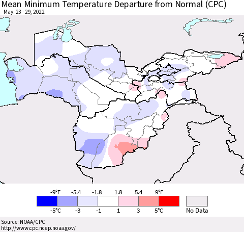 Central Asia Mean Minimum Temperature Departure from Normal (CPC) Thematic Map For 5/23/2022 - 5/29/2022