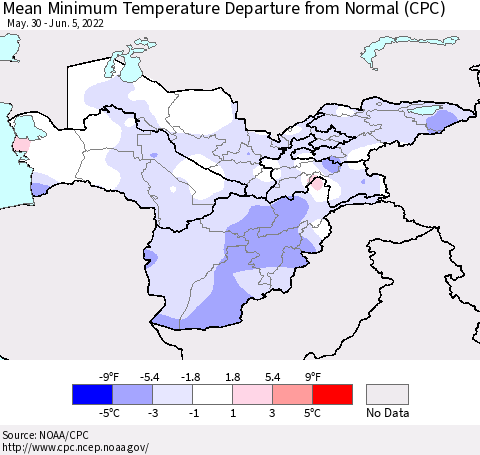Central Asia Mean Minimum Temperature Departure from Normal (CPC) Thematic Map For 5/30/2022 - 6/5/2022