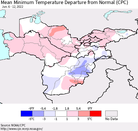 Central Asia Mean Minimum Temperature Departure from Normal (CPC) Thematic Map For 6/6/2022 - 6/12/2022