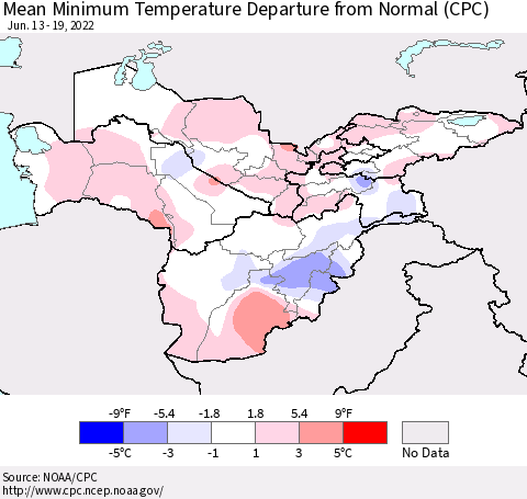 Central Asia Mean Minimum Temperature Departure from Normal (CPC) Thematic Map For 6/13/2022 - 6/19/2022
