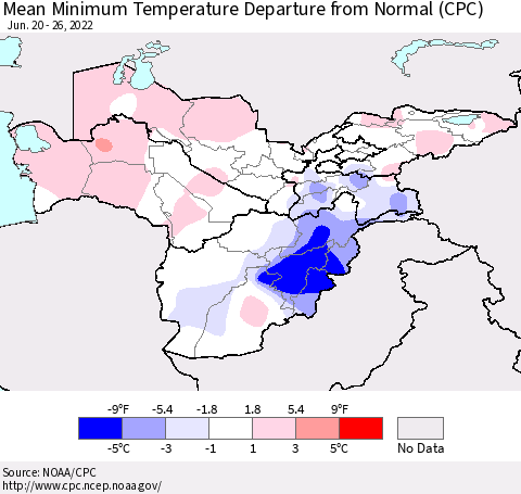 Central Asia Mean Minimum Temperature Departure from Normal (CPC) Thematic Map For 6/20/2022 - 6/26/2022
