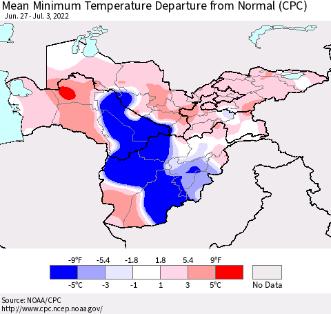 Central Asia Mean Minimum Temperature Departure from Normal (CPC) Thematic Map For 6/27/2022 - 7/3/2022