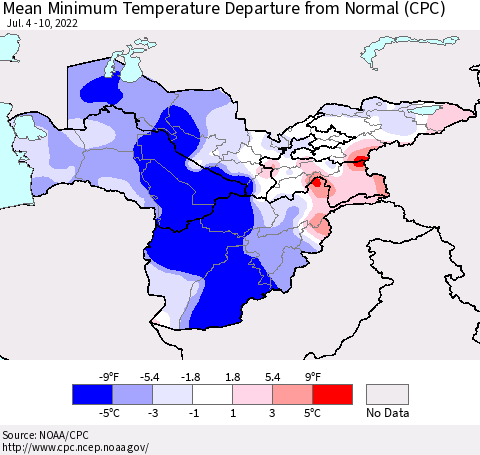 Central Asia Mean Minimum Temperature Departure from Normal (CPC) Thematic Map For 7/4/2022 - 7/10/2022