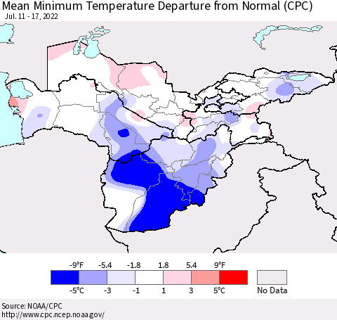Central Asia Mean Minimum Temperature Departure from Normal (CPC) Thematic Map For 7/11/2022 - 7/17/2022