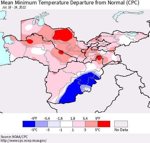 Central Asia Mean Minimum Temperature Departure from Normal (CPC) Thematic Map For 7/18/2022 - 7/24/2022