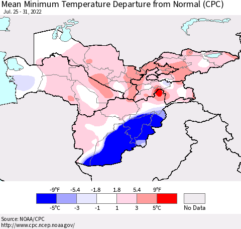 Central Asia Mean Minimum Temperature Departure from Normal (CPC) Thematic Map For 7/25/2022 - 7/31/2022