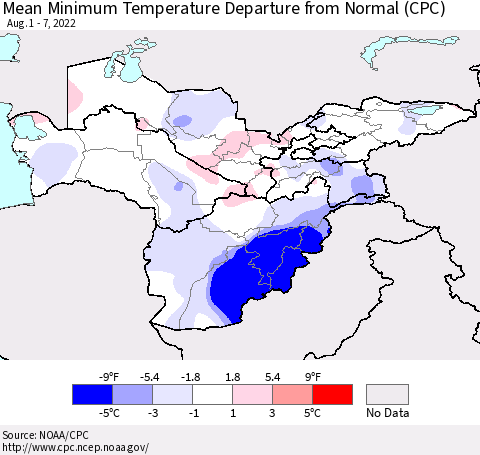 Central Asia Mean Minimum Temperature Departure from Normal (CPC) Thematic Map For 8/1/2022 - 8/7/2022