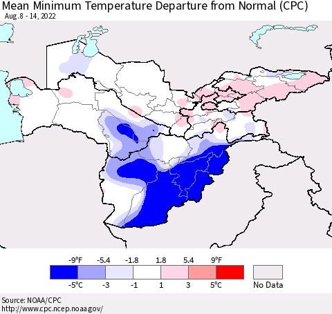 Central Asia Mean Minimum Temperature Departure from Normal (CPC) Thematic Map For 8/8/2022 - 8/14/2022