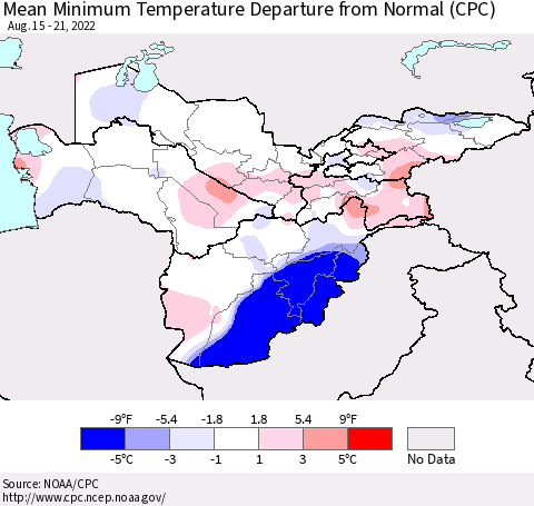 Central Asia Mean Minimum Temperature Departure from Normal (CPC) Thematic Map For 8/15/2022 - 8/21/2022