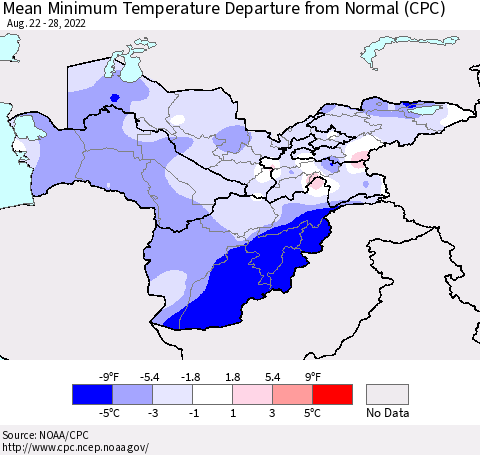 Central Asia Mean Minimum Temperature Departure from Normal (CPC) Thematic Map For 8/22/2022 - 8/28/2022