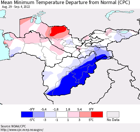 Central Asia Mean Minimum Temperature Departure from Normal (CPC) Thematic Map For 8/29/2022 - 9/4/2022