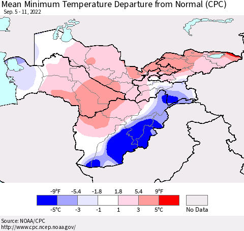 Central Asia Mean Minimum Temperature Departure from Normal (CPC) Thematic Map For 9/5/2022 - 9/11/2022