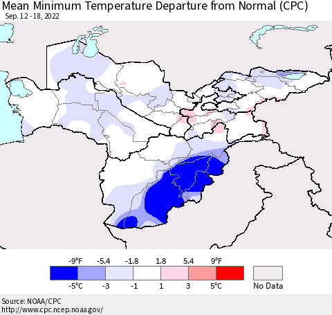 Central Asia Mean Minimum Temperature Departure from Normal (CPC) Thematic Map For 9/12/2022 - 9/18/2022