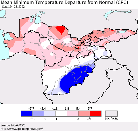 Central Asia Mean Minimum Temperature Departure from Normal (CPC) Thematic Map For 9/19/2022 - 9/25/2022