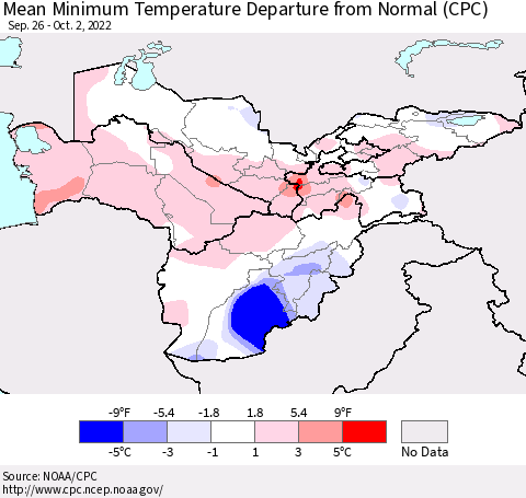 Central Asia Mean Minimum Temperature Departure from Normal (CPC) Thematic Map For 9/26/2022 - 10/2/2022