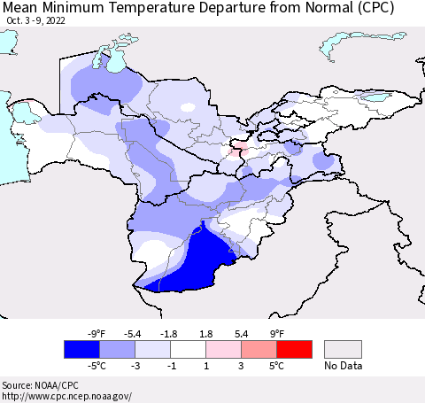 Central Asia Mean Minimum Temperature Departure from Normal (CPC) Thematic Map For 10/3/2022 - 10/9/2022