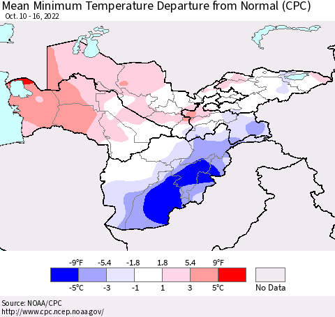 Central Asia Mean Minimum Temperature Departure from Normal (CPC) Thematic Map For 10/10/2022 - 10/16/2022
