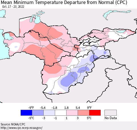 Central Asia Mean Minimum Temperature Departure from Normal (CPC) Thematic Map For 10/17/2022 - 10/23/2022