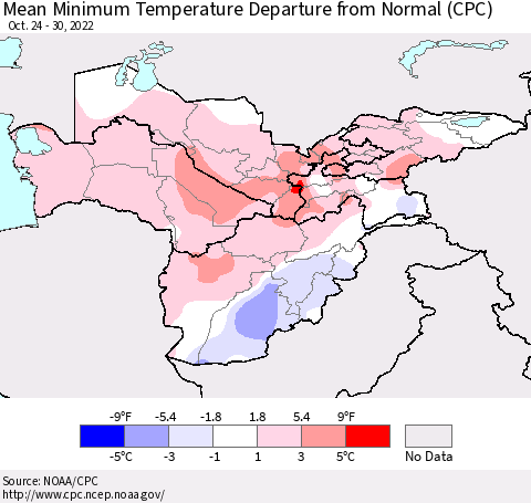 Central Asia Mean Minimum Temperature Departure from Normal (CPC) Thematic Map For 10/24/2022 - 10/30/2022