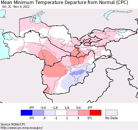 Central Asia Mean Minimum Temperature Departure from Normal (CPC) Thematic Map For 10/31/2022 - 11/6/2022