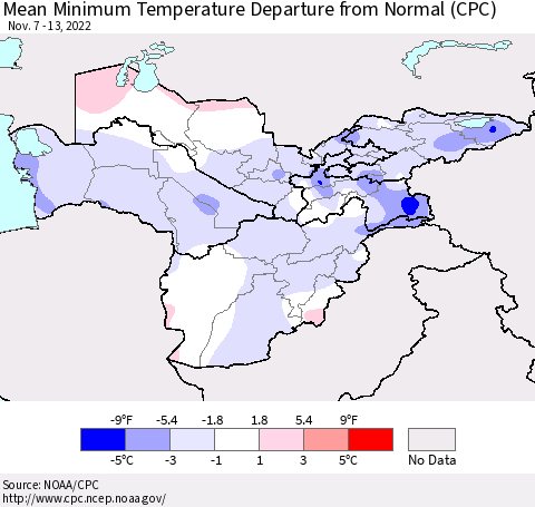 Central Asia Mean Minimum Temperature Departure from Normal (CPC) Thematic Map For 11/7/2022 - 11/13/2022