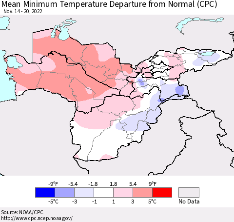 Central Asia Mean Minimum Temperature Departure from Normal (CPC) Thematic Map For 11/14/2022 - 11/20/2022