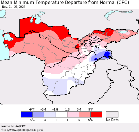 Central Asia Mean Minimum Temperature Departure from Normal (CPC) Thematic Map For 11/21/2022 - 11/27/2022