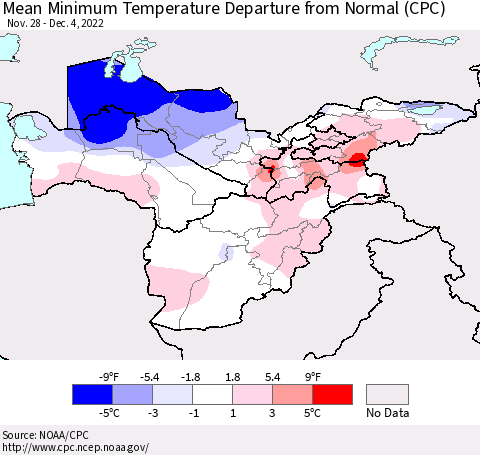 Central Asia Mean Minimum Temperature Departure from Normal (CPC) Thematic Map For 11/28/2022 - 12/4/2022