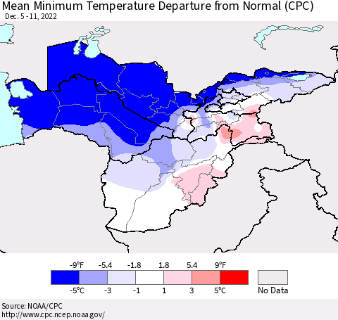 Central Asia Mean Minimum Temperature Departure from Normal (CPC) Thematic Map For 12/5/2022 - 12/11/2022