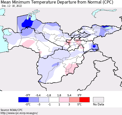 Central Asia Mean Minimum Temperature Departure from Normal (CPC) Thematic Map For 12/12/2022 - 12/18/2022