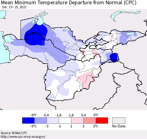 Central Asia Mean Minimum Temperature Departure from Normal (CPC) Thematic Map For 12/19/2022 - 12/25/2022
