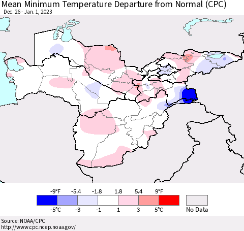 Central Asia Mean Minimum Temperature Departure from Normal (CPC) Thematic Map For 12/26/2022 - 1/1/2023