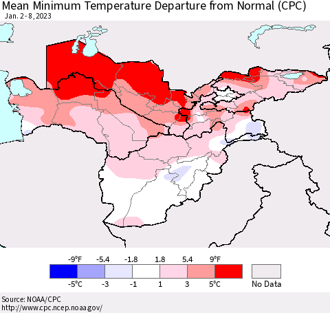 Central Asia Mean Minimum Temperature Departure from Normal (CPC) Thematic Map For 1/2/2023 - 1/8/2023